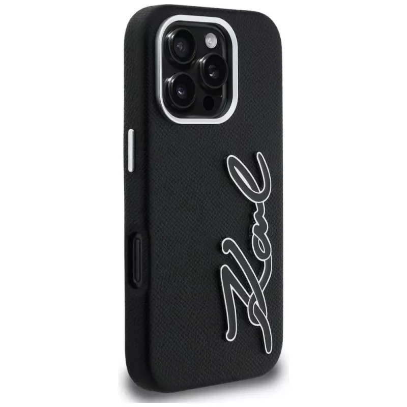 Karl Lagerfeld FW Grained Signature Logo Cover per iPhone 16 Pro, nero
