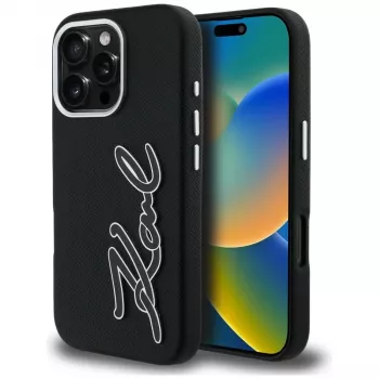 KARL LAGERFELD FW Grained Signature Logo Cover per iPhone 16 Pro Max nero