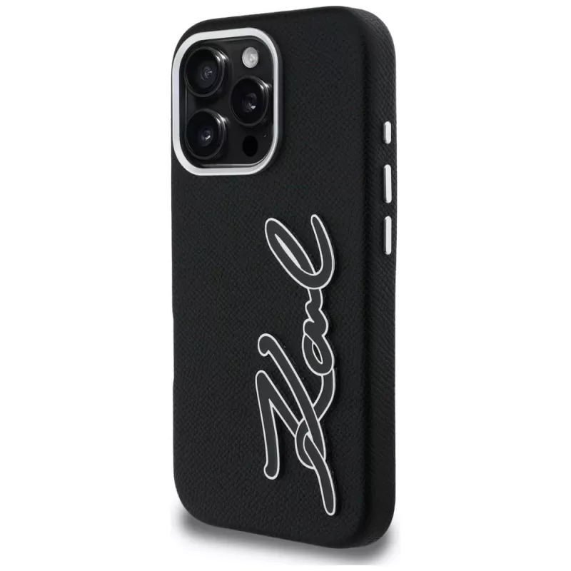 KARL LAGERFELD FW Grained Signature Logo Cover per iPhone 16 Pro Max nero