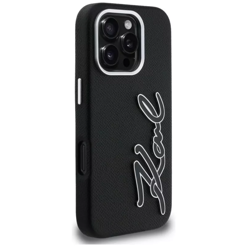 KARL LAGERFELD FW Grained Signature Logo Cover per iPhone 16 Pro Max nero