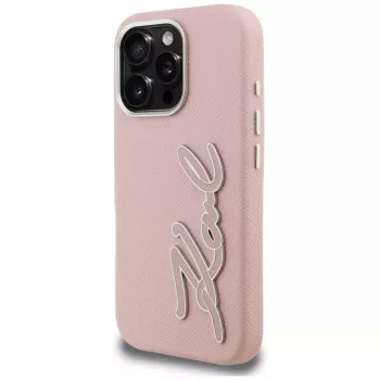 KARL LAGERFELD FW Grained Signature Logo Cover rigida per iPhone 16 Pro, rosa