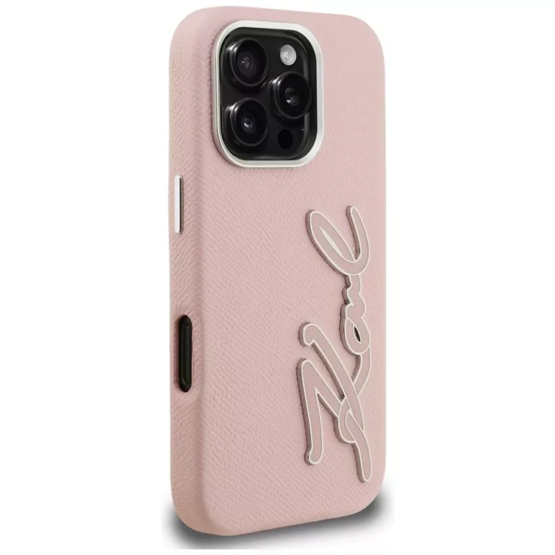 KARL LAGERFELD FW Grained Signature Logo Cover rigida per iPhone 16 Pro, rosa