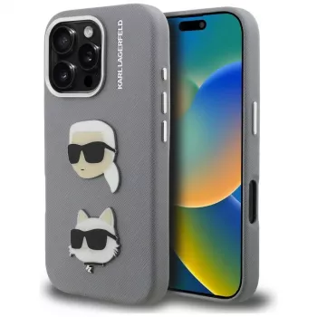 Karl Lagerfeld FW Grained Karl & Choupette Heads Pins Cover per iPhone 16 Pro grigio