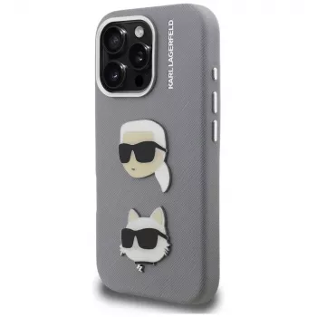 KARL LAGERFELD FW Grained Karl & Choupette Heads Pins Cover per iPhone 16 Pro Max, grigio