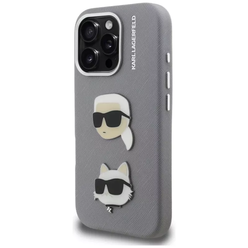 KARL LAGERFELD FW Grained Karl & Choupette Heads Pins Cover per iPhone 16 Pro Max, grigio