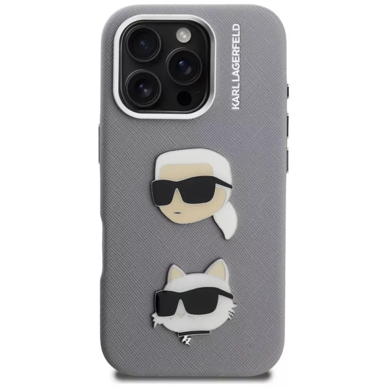 KARL LAGERFELD FW Grained Karl & Choupette Heads Pins Cover per iPhone 16 Pro Max, grigio