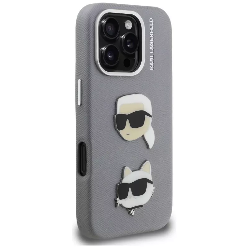 KARL LAGERFELD FW Grained Karl & Choupette Heads Pins Cover per iPhone 16 Pro Max, grigio