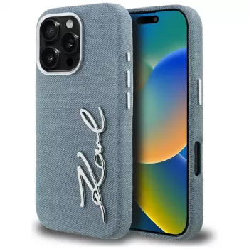 KARL LAGERFELD FW Jeans Signature Logo Cover per iPhone 16 Pro Max, blu