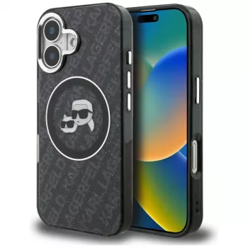 Karl Lagerfeld IML Glitter Karl & Choupette Heads Logo Cover MagSafe per iPhone 16, nero
