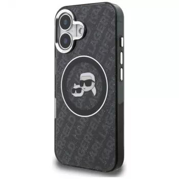 Karl Lagerfeld IML Glitter Karl & Choupette Heads Logo Cover MagSafe per iPhone 16, nero