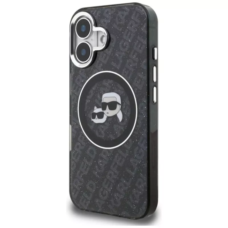 Karl Lagerfeld IML Glitter Karl & Choupette Heads Logo Cover MagSafe per iPhone 16, nero