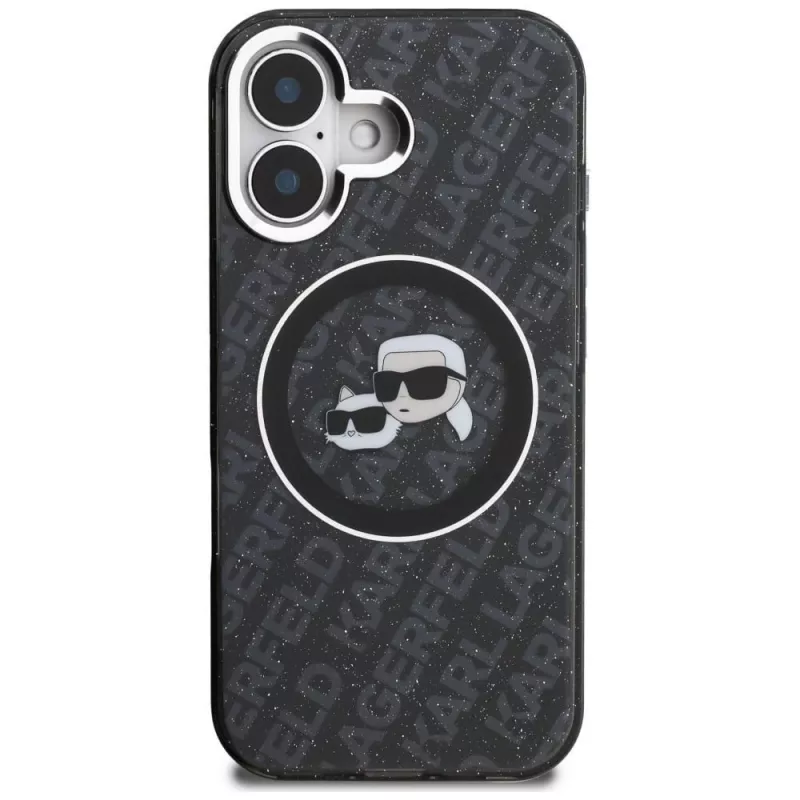 Karl Lagerfeld IML Glitter Karl & Choupette Heads Logo Cover MagSafe per iPhone 16, nero