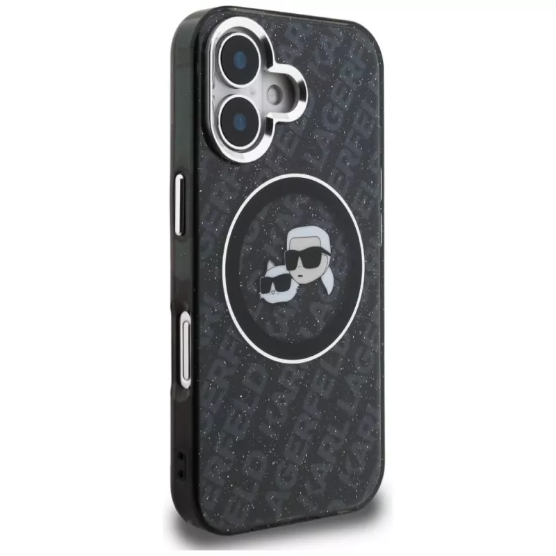 Karl Lagerfeld IML Glitter Karl & Choupette Heads Logo Cover MagSafe per iPhone 16, nero