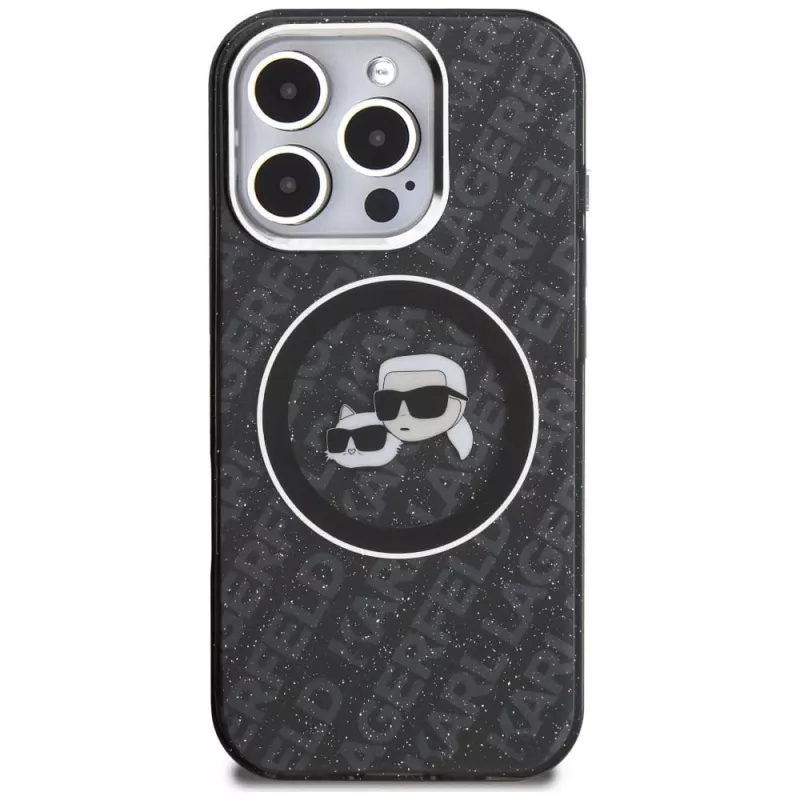 Karl Lagerfeld IML Glitter Karl & Choupette Heads Logo Cover MagSafe per Apple iPhone 16 Pro, nero