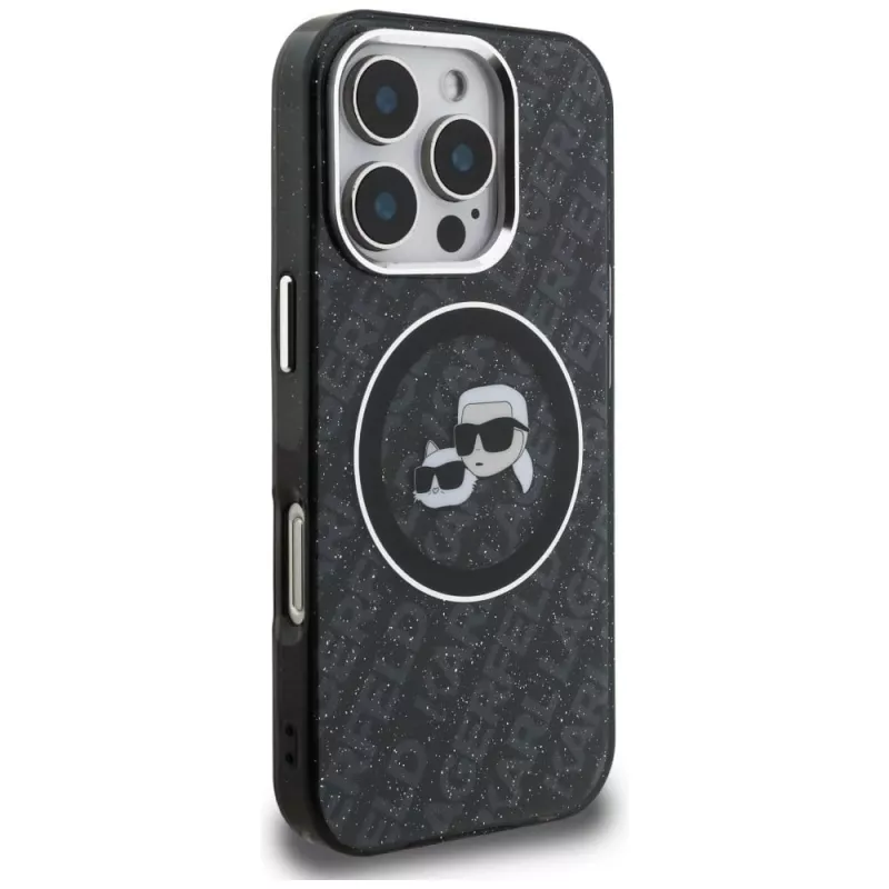 Karl Lagerfeld IML Glitter Karl & Choupette Heads Logo Cover MagSafe per Apple iPhone 16 Pro, nero
