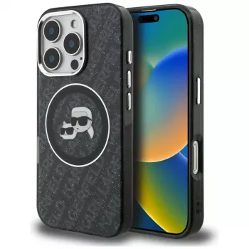 KARL LAGERFELD IML Glitter Karl & Choupette Heads Logo Cover MagSafe per iPhone 16 Pro Max, nero