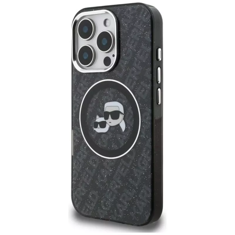 KARL LAGERFELD IML Glitter Karl & Choupette Heads Logo Cover MagSafe per iPhone 16 Pro Max, nero