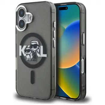 KARL LAGERFELD IML Glitter Karl & Choupette Sketch Logo Custodia MagSafe per iPhone 16 nero