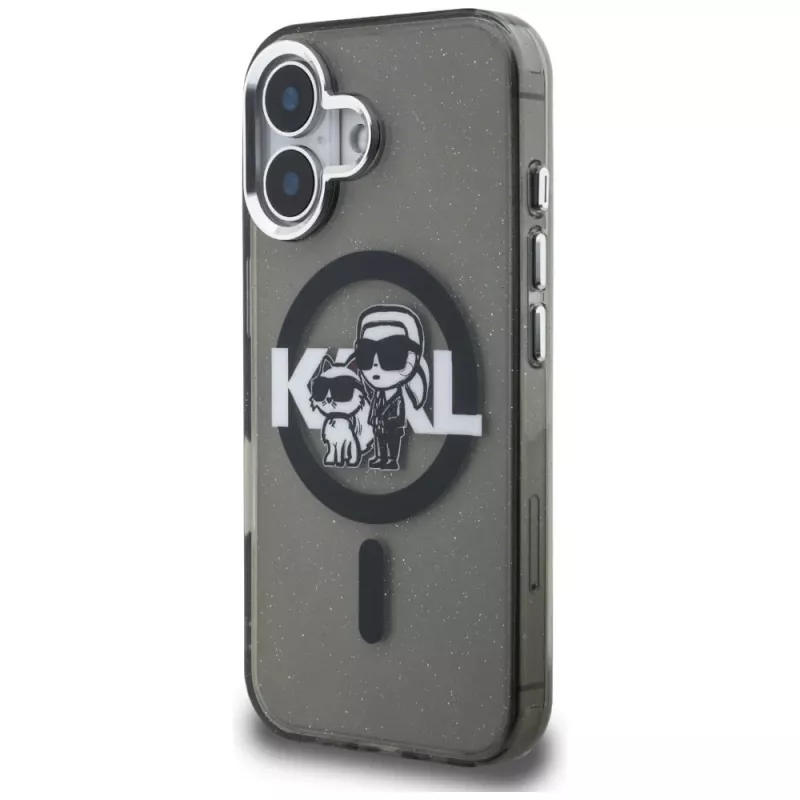 KARL LAGERFELD IML Glitter Karl & Choupette Sketch Logo Custodia MagSafe per iPhone 16 nero