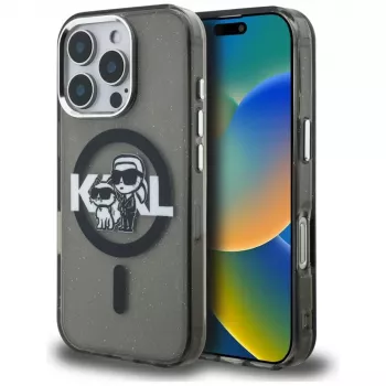 Karl Lagerfeld IML Glitter Karl & Choupette Sketch Logo Custodia MagSafe per iPhone 16 Pro Max nero
