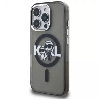 Karl Lagerfeld IML Glitter Karl & Choupette Sketch Logo Custodia MagSafe per iPhone 16 Pro Max nero