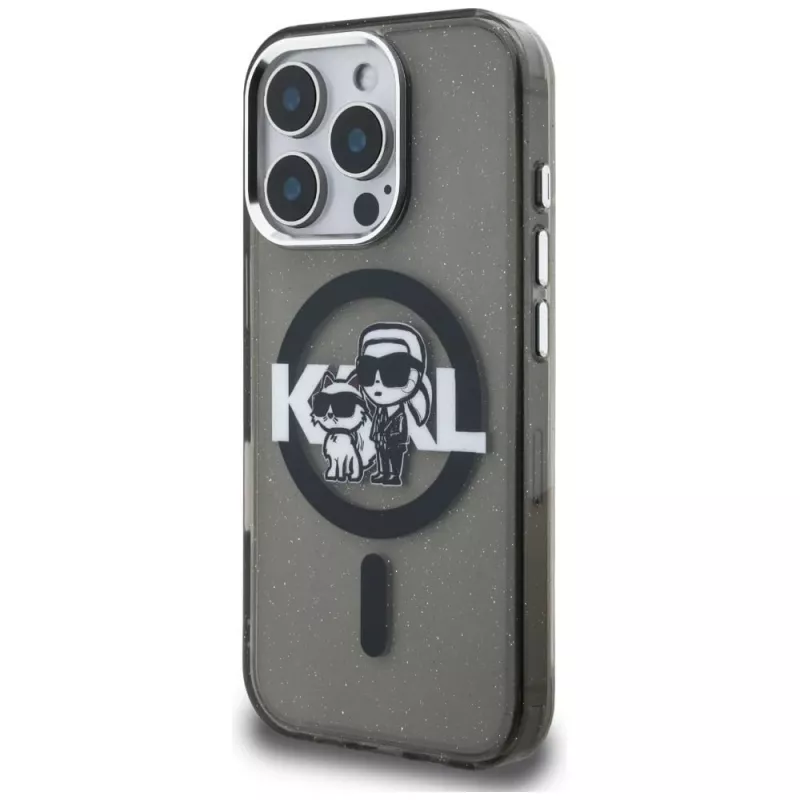 Karl Lagerfeld IML Glitter Karl & Choupette Sketch Logo Custodia MagSafe per iPhone 16 Pro Max nero