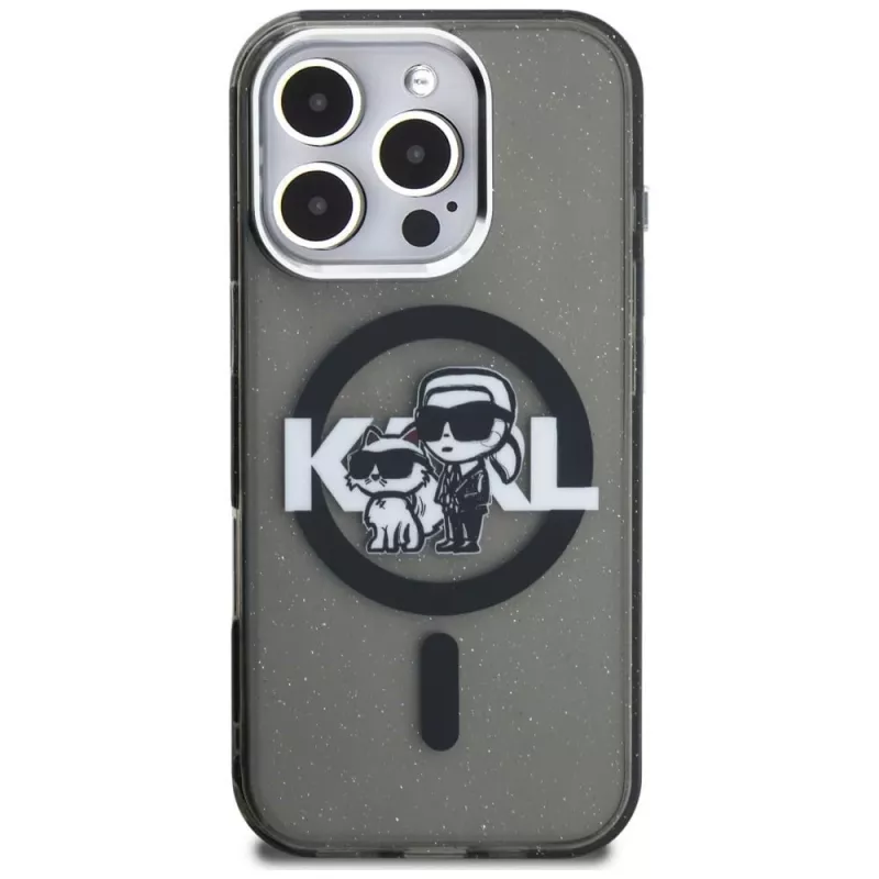Karl Lagerfeld IML Glitter Karl & Choupette Sketch Logo Custodia MagSafe per iPhone 16 Pro Max nero