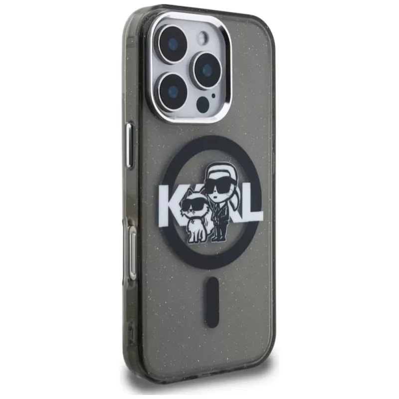 Karl Lagerfeld IML Glitter Karl & Choupette Sketch Logo Custodia MagSafe per iPhone 16 Pro Max nero