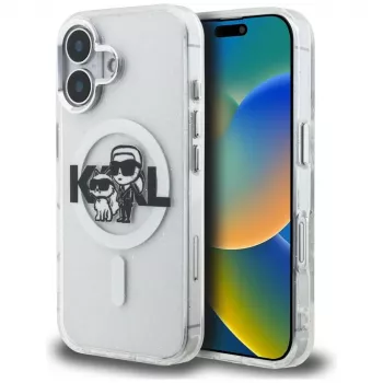 Karl Lagerfeld IML Glitter Karl & Choupette Sketch Logo Custodia MagSafe per iPhone 16, trasparente