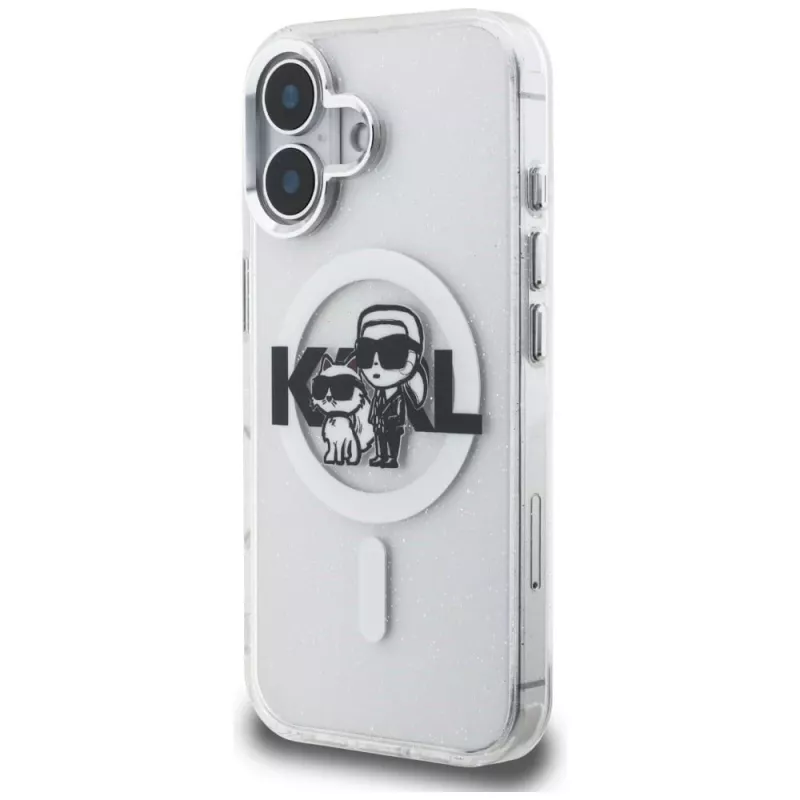 Karl Lagerfeld IML Glitter Karl & Choupette Sketch Logo Custodia MagSafe per iPhone 16, trasparente