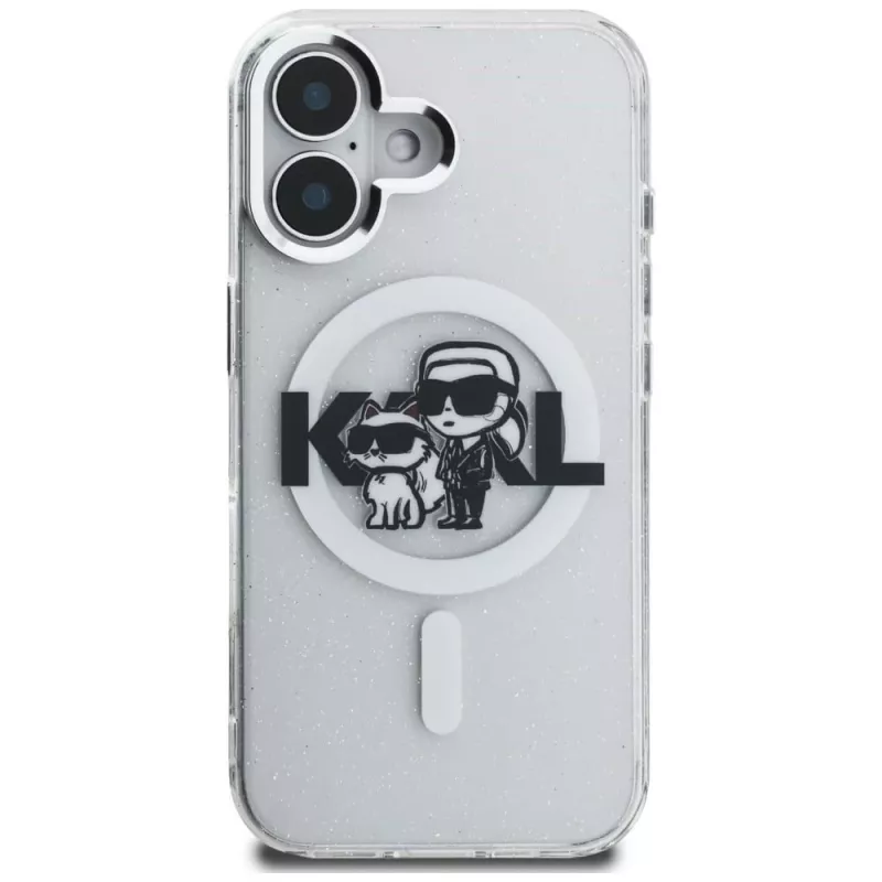 Karl Lagerfeld IML Glitter Karl & Choupette Sketch Logo Custodia MagSafe per iPhone 16, trasparente