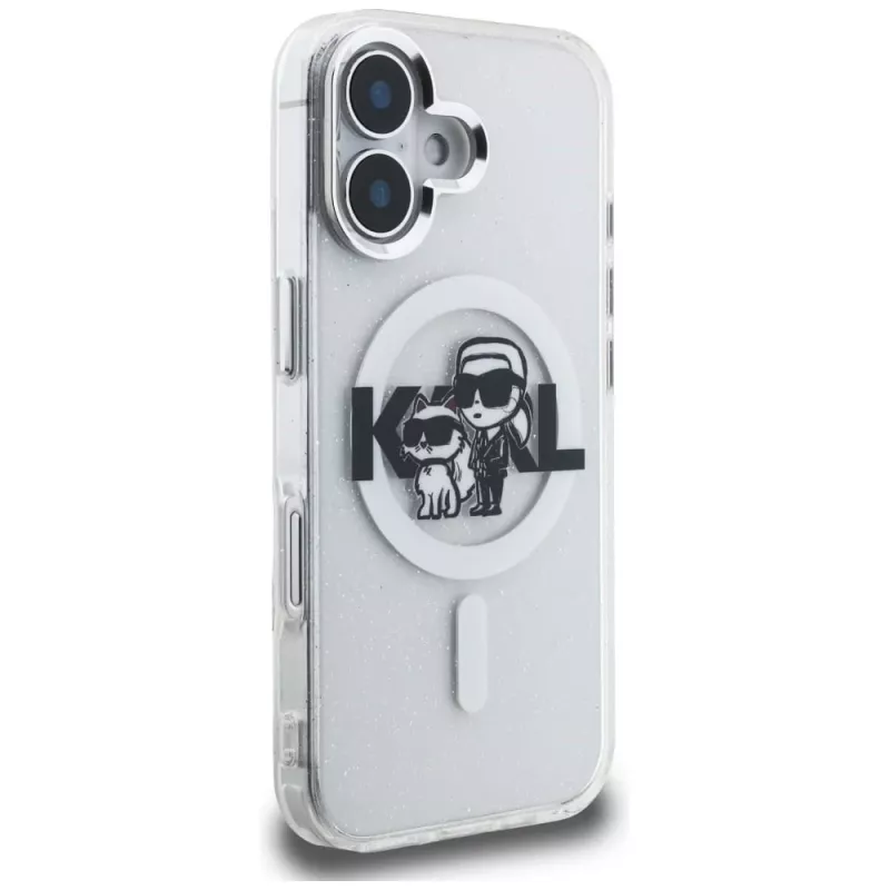 Karl Lagerfeld IML Glitter Karl & Choupette Sketch Logo Custodia MagSafe per iPhone 16, trasparente