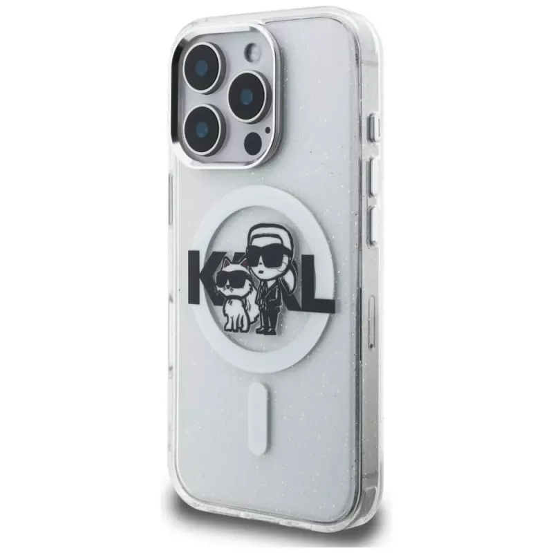 KARL LAGERFELD IML Glitter Karl & Choupette Sketch Logo Custodia MagSafe per iPhone 16 Pro, trasparente