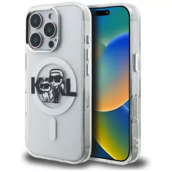 Karl Lagerfeld IML Glitter Karl & Choupette Sketch Logo Custodia MagSafe per iPhone 16 Pro Max trasparente