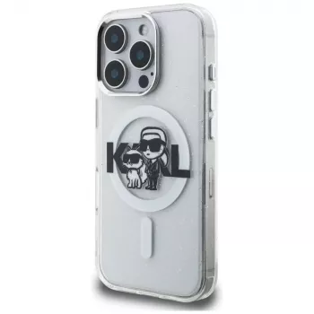 Karl Lagerfeld IML Glitter Karl & Choupette Sketch Logo Custodia MagSafe per iPhone 16 Pro Max trasparente