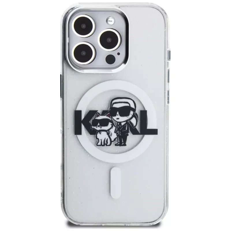 Karl Lagerfeld IML Glitter Karl & Choupette Sketch Logo Custodia MagSafe per iPhone 16 Pro Max trasparente