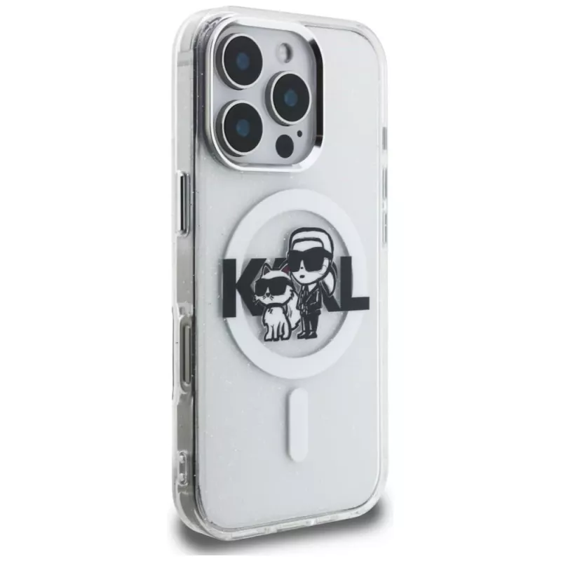 Karl Lagerfeld IML Glitter Karl & Choupette Sketch Logo Custodia MagSafe per iPhone 16 Pro Max trasparente