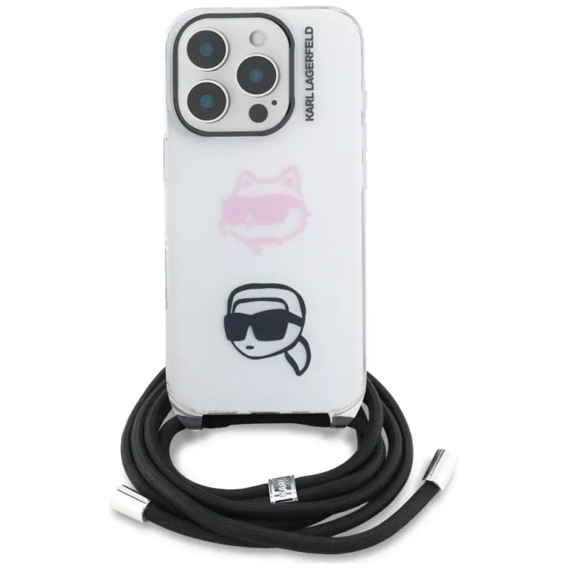 KARL LAGERFELD IML Custodia Crossbody per iPhone 16 Pro Max, bianco, design Karl & Choupette Head