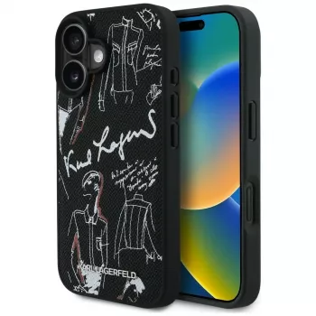 KARL LAGERFELD Grained Pattern & Logo Custodia MagSafe per iPhone 16, nero