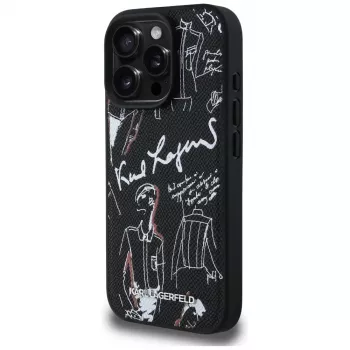 KARL LAGERFELD Grained Pattern & Logo Custodia MagSafe per iPhone 16 Pro, nero