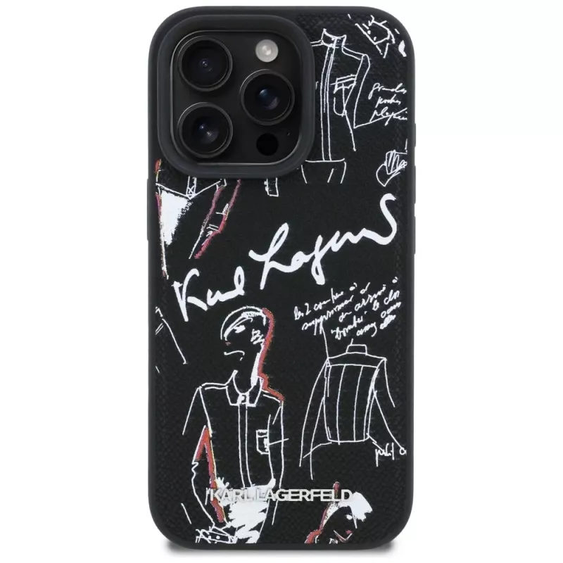 KARL LAGERFELD Grained Pattern & Logo Custodia MagSafe per iPhone 16 Pro, nero