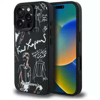 KARL LAGERFELD Grained Pattern & Logo Custodia MagSafe per iPhone 16 Pro Max nero