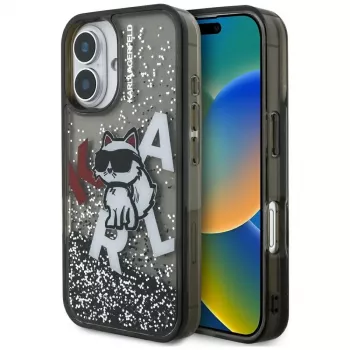KARL LAGERFELD Liquid Glitter Choupette Logo Custodia per iPhone 16, nero