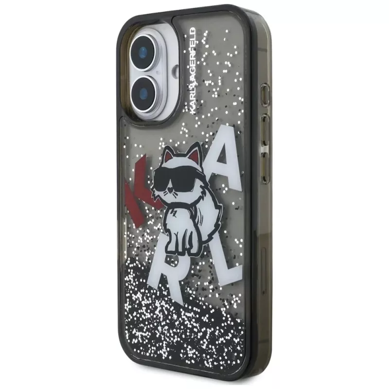 KARL LAGERFELD Liquid Glitter Choupette Logo Custodia per iPhone 16, nero