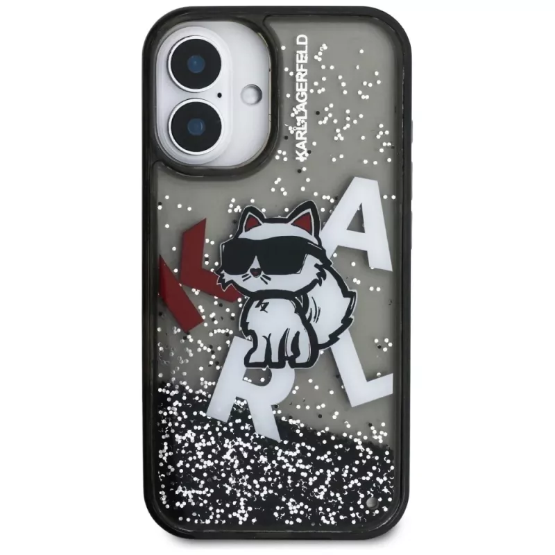 KARL LAGERFELD Liquid Glitter Choupette Logo Custodia per iPhone 16, nero