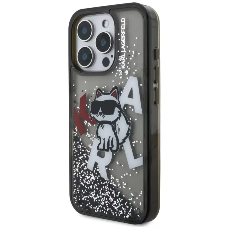 KARL LAGERFELD Liquid Glitter Choupette Logo Custodia per iPhone 16 Pro, nero