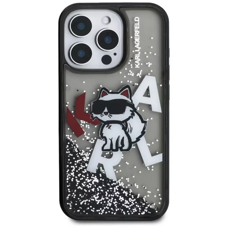 KARL LAGERFELD Liquid Glitter Choupette Logo Custodia per iPhone 16 Pro, nero