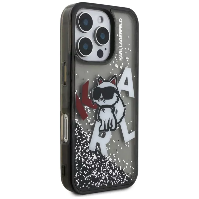 KARL LAGERFELD Liquid Glitter Choupette Logo Custodia per iPhone 16 Pro, nero