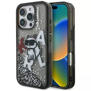 KARL LAGERFELD Liquid Glitter Choupette Logo Custodia per Apple iPhone 16 Pro Max - nero