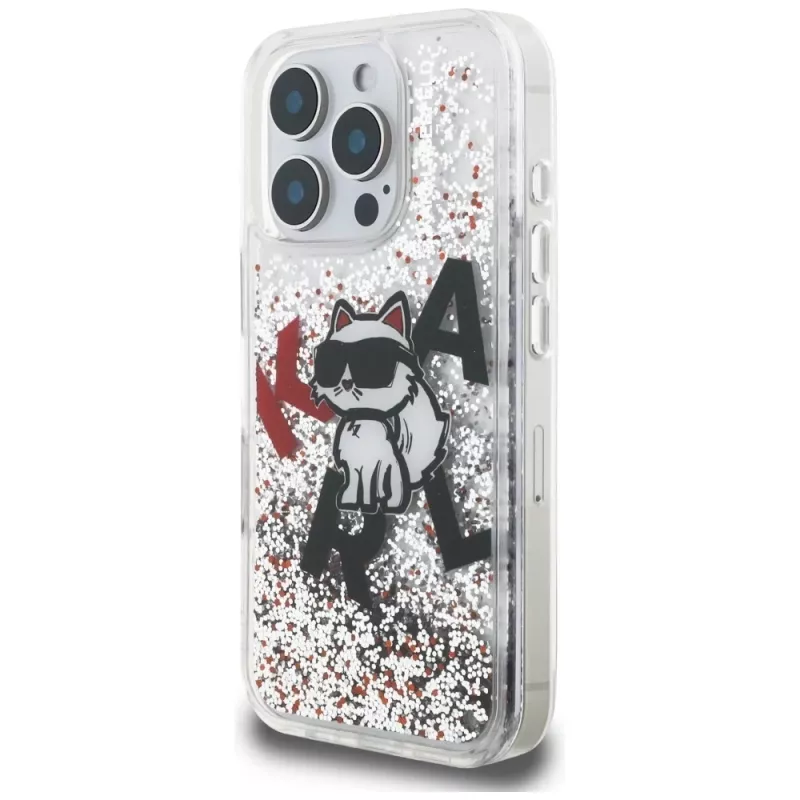 KARL LAGERFELD Liquid Glitter Choupette Logo Custodia per iPhone 16 Pro, trasparente